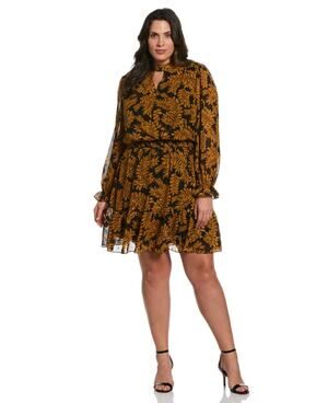 ELLA Rafaella Women Black Metallic Leaves Print Long Sleeve Dress Plus Size 2X